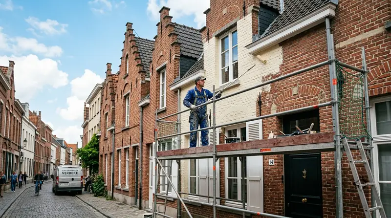 Schilder werkt op een stelling aan de buitengevel van een woning